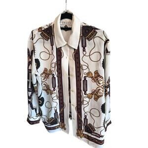 Chaus White Chain-Print Button-Up Blouse with Brown & Gold Accents